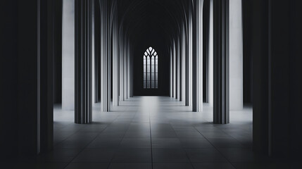 Obraz premium Gothic style cathedral interior with tall, symmetrical columns and large arched window at end, casting soft light onto tiled floor, creating mysterious and dramatic atmosphere