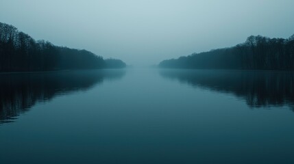 Fototapeta premium Serene Mist-Shrouded Lake: A Tranquil Reflection