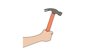 Hand holding a hammer continuous line art drawing. Vector illustration.