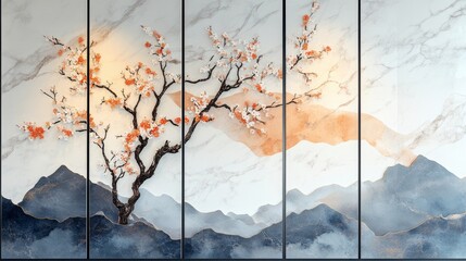 Serene panel art depicting a blossoming tree against a mountain backdrop.  Subtle color palette evokes tranquility.