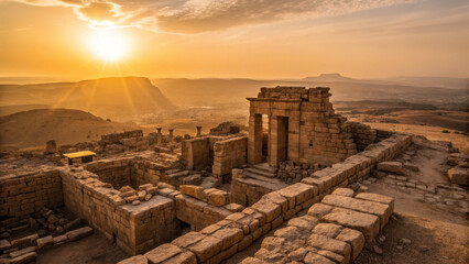 Ancient ruins at sunset, showcasing historical architecture and landscape. warm glow of sun enhances beauty of stone structures and surrounding hills
