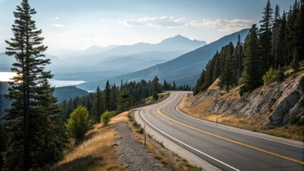 Fototapeta premium A solitary highway winds its way up a mountain slope, lined with trees and offering breathtaking views of the surrounding landscape, panoramic vistas, isolation