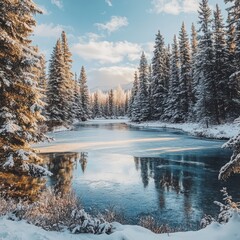 Fototapeta premium A serene winter landscape featuring a frozen lake surrounded by tall evergreen trees under a bright, partly cloudy sky.
