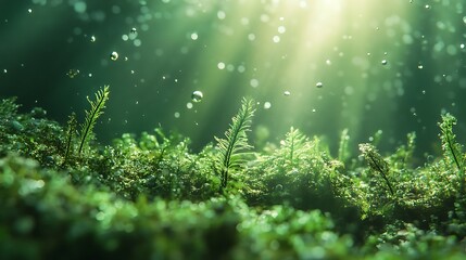 Realistic Shot of Green Moss and Plants Underwater in Ocean Light