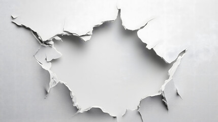 torn paper hole with jagged edges revealing blank white background, creating dramatic and dynamic effect. ripped texture adds depth and realism, making it ideal for design or creative projects
