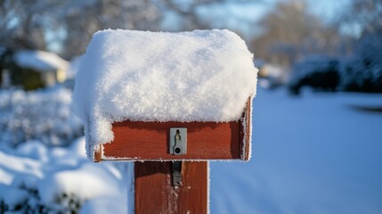 Naklejka premium Snow-covered mailbox in winter wonderland residential area photography outdoor close-up serenity