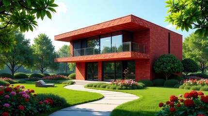Obraz premium Modern Brick House with Landscaped Garden and Winding Pathway