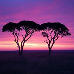 Fototapeta premium Silhouetted trees against a vibrant purple and pink sunset, creating a serene and picturesque landscape.