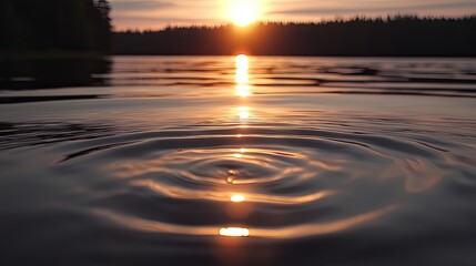 Rippling Water Surface With Beautiful Sunset Reflection Over Tranquil Lake Surrounded By Forest In A Peaceful Natural Landscape