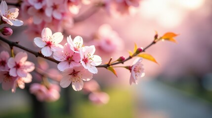 Delicate Pink Blossoms on a Branch, Illuminated by the Warm Golden Light of Dawn, a Symbol of Spring's Gentle Arrival