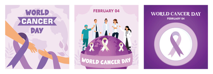 World Cancer Day celebration with purple ribbon featuring healthcare professionals.