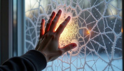 Hand touching intricate spider web pattern glass for architectural design, modern interior concepts, texture photography, and decorative surface blogs