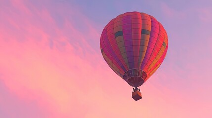 Fototapeta premium Colorful Hot Air Balloon Floating in the Serene Sky During a Breathtaking Sunset with Beautiful Pink and Orange Hues Above the Landscape