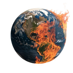 Globe Transparent Background, A fiery depiction of Earth, illustrating climate change and environmental crisis, with flames engulfing parts of the planet.