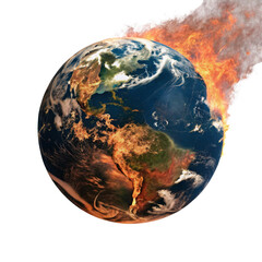 Globe Transparent Background, A fiery depiction of Earth, symbolizing climate change and environmental crisis, highlighting urgent global concerns.