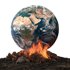 Globe Transparent Background, A fiery representation of Earth, showcasing a globe emerging from volcanic rocks, symbolizing environmental change and urgency.