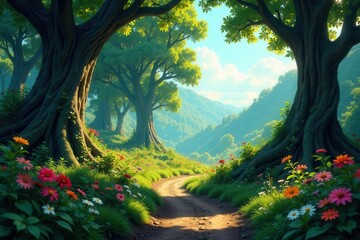 Serene Pathway Through a Lush, Vibrant Forest with Majestic Trees and Colorful Blooms Leading to a Tranquil Mountain Vista