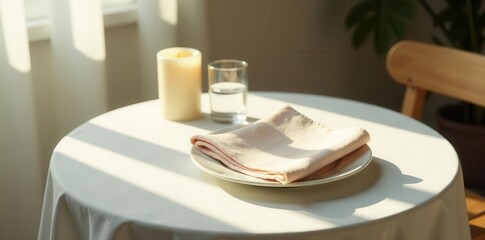 Sunlit Table Setting with Folded Linen Napkin, Candle, and Glass of Water