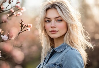 Naklejka premium a blonde woman in a denim shirt posing near a spring-blooming tree