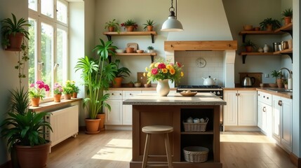 Fototapeta premium Bright and airy kitchen island with potted plants and a vibrant flower arrangement
