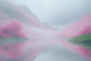 Pink trees reflected in foggy valley lake