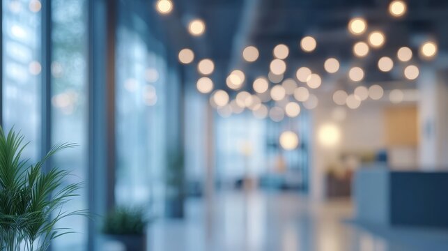 Blurred modern office interior with warm lighting and plants. Ideal for backgrounds showcasing business, success, or modern workspace concepts.