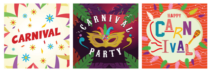 Colorful Carnival party designs featuring festive patterns and masks.