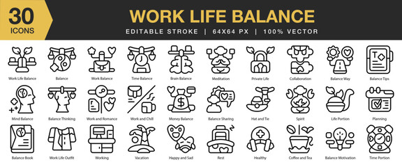 Work Life Balance icon set. Editable Stroke Icon Collection. Includes balance, work, life, health, lifestyle, success, and More. Outline icons vector collection.