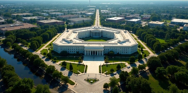 Bird's eye view of the Pentagon building with parking lot and roads, strategic location, infrastructure
