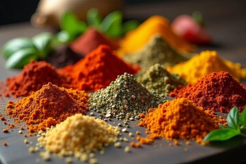 Colorful array of aromatic spices on wooden table, food seasonings cooking, cooking, seasonings