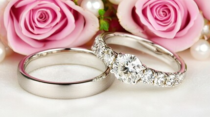 Closeup of Elegant Wedding and Engagement Rings with Diamonds Next to Beautiful Pink Roses and Pearl Decorations on a Soft Satin Surface