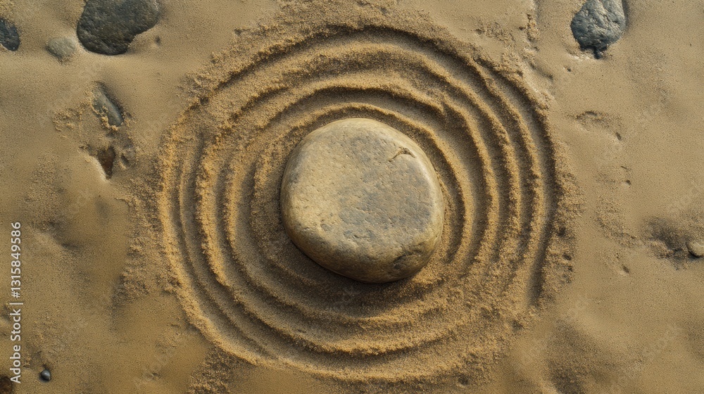 Fototapete centered smooth stone surrounded by concentric circles on sandy surface emphasizes stability and str