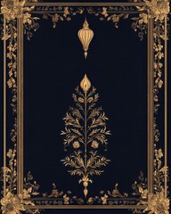 Obraz premium Elegant Royal Gold Ornament on Navy, Classic Floral Design for Invitations and Decorations, Luxury Background