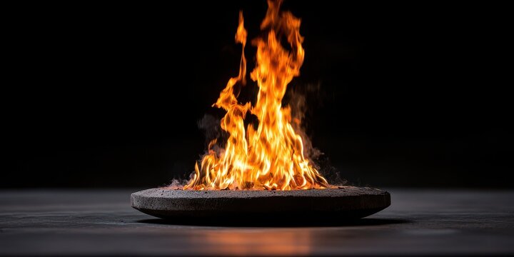 Fiery flames rising from a stone bowl against a dark background, fire pit concept.