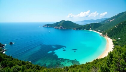 Fototapeta premium Spectacular panoramic shot of vibrant seascape with clear blue water and lush green islands, coast , islands, lush green