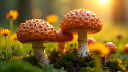 Intriguing Gyromitra esculenta mushrooms with brain-like caps, glowing under warm sunlight in a forest clearing.