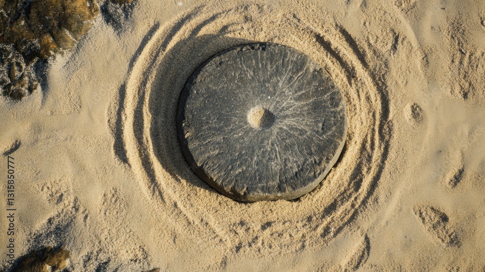 Poster centered smooth stone surrounded by circles in sand evokes calmness and strength with a perfect bala