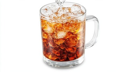 Refreshing glass of iced beverage with bubbles and ice, set against a clean white background