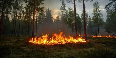 Wildfire Threatening Forest: Flames Engulfing Woodland in Dramatic Scene