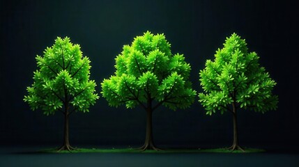 Obraz premium Vibrant green trees stand majestically against a dark backdrop, showcasing the beauty of nature in a minimalist composition.