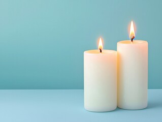 Soft Glow of Two Lit Candles with Flame Against a Pastel Blue Background for Celebration