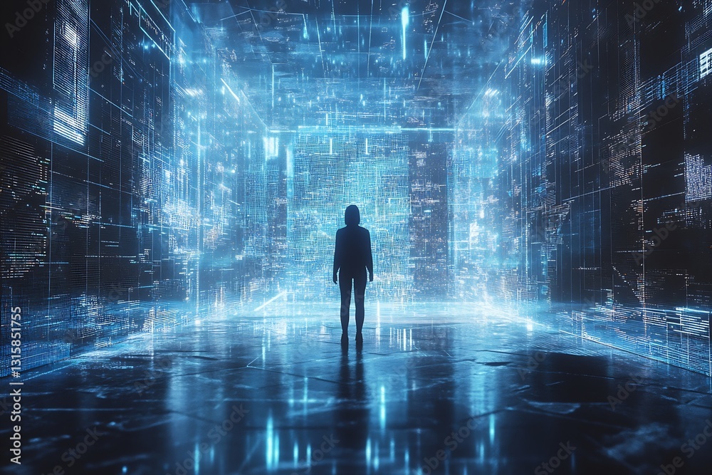 Aufkleber person standing in futuristic digital environment with glowing blue data and technology background :