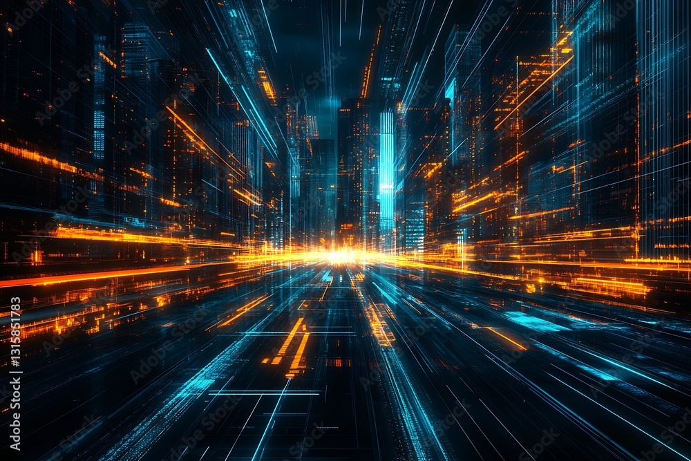 Aufkleber dynamic cityscape in a futuristic style with glowing lines and vibrant energy in blue and orange : g