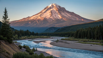 Majestic mountain landscape with river winding through lush forests, showcasing vibrant colors at sunset. serene and picturesque view of nature beauty