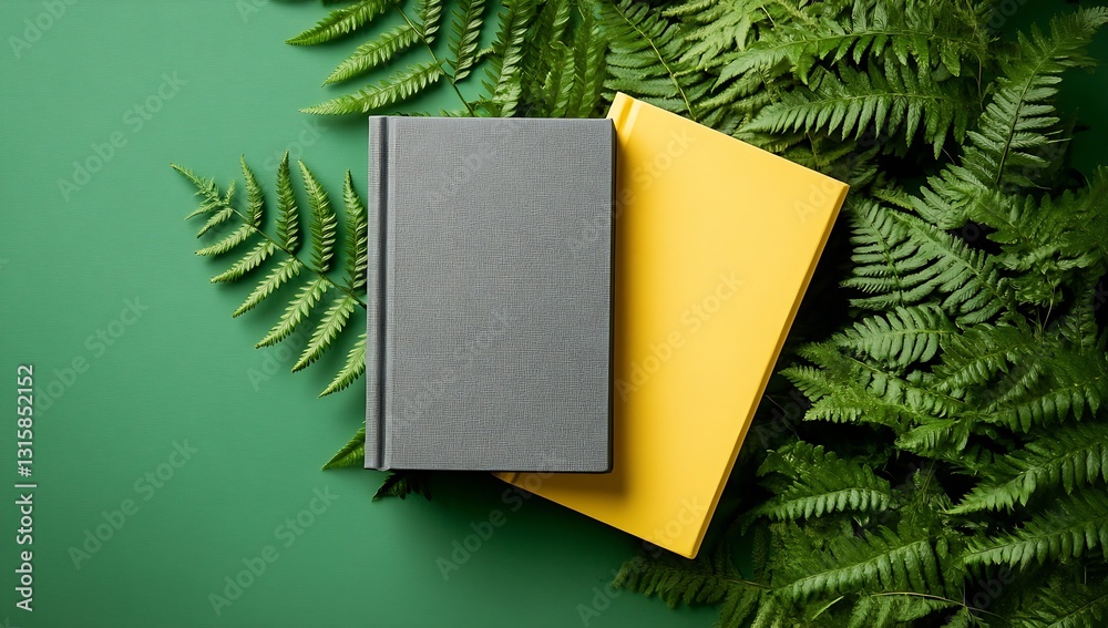 Poster two stylish notebooks in gray and yellow placed artistically on a vibrant green backdrop surrounded 