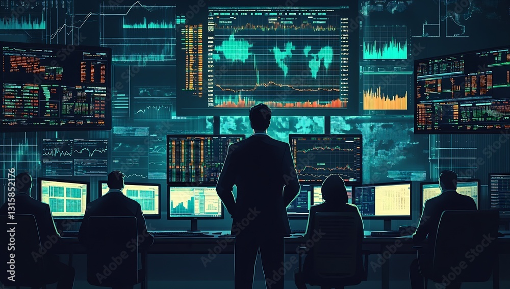 Poster Team of analysts monitoring global stock market data in an advanced trading environment : Generative AI