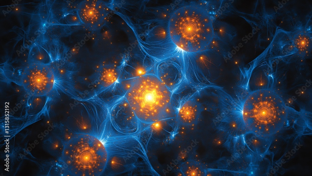 Aufkleber abstract cosmic scene highlighting blue and orange glowing particles in a molecular structure : gene
