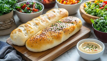 Freshly Baked Bread Loaves Accompanied by Colorful Salads and Dips on a Rustic Wooden Board : Generative AI