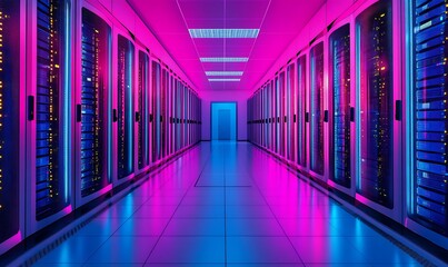 Fototapeta premium Vibrant modern data center with neon lights and server racks creating a stunning technological environment : Generative AI