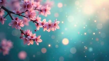 Delicate Pink Blossoms on a Branch Against a Soft Teal Background with Sparkling Lights